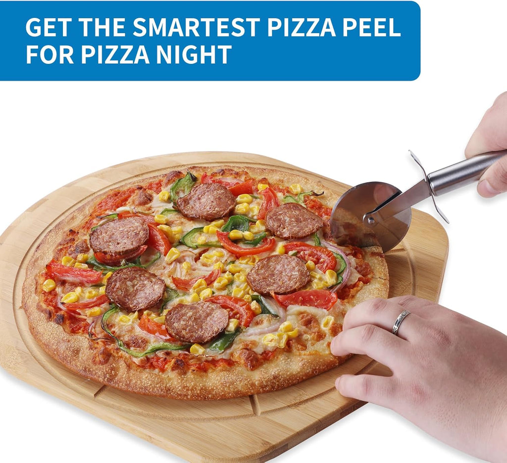14” Bamboo Pizza Peel - Lightweight Smooth Wooden Pizza Paddle and Pizza Cutting Board with 8 Slice Grooves, Outdoor Pizza Oven Accessories, 21.6 Inch x 14 Inch