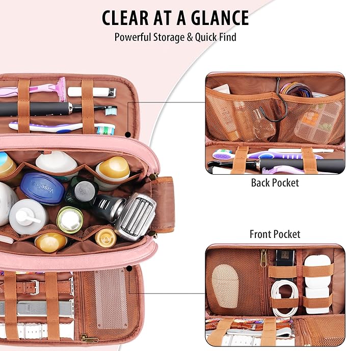 Travel Toiletry Bag for Women, Large Hanging Toiletries Organizer Bags for Man, Cruise Ship Essentials, Water-resistant Shaving Case, PU Leather Makeup Accessories, Cosmetic Dopp Kit, Pink