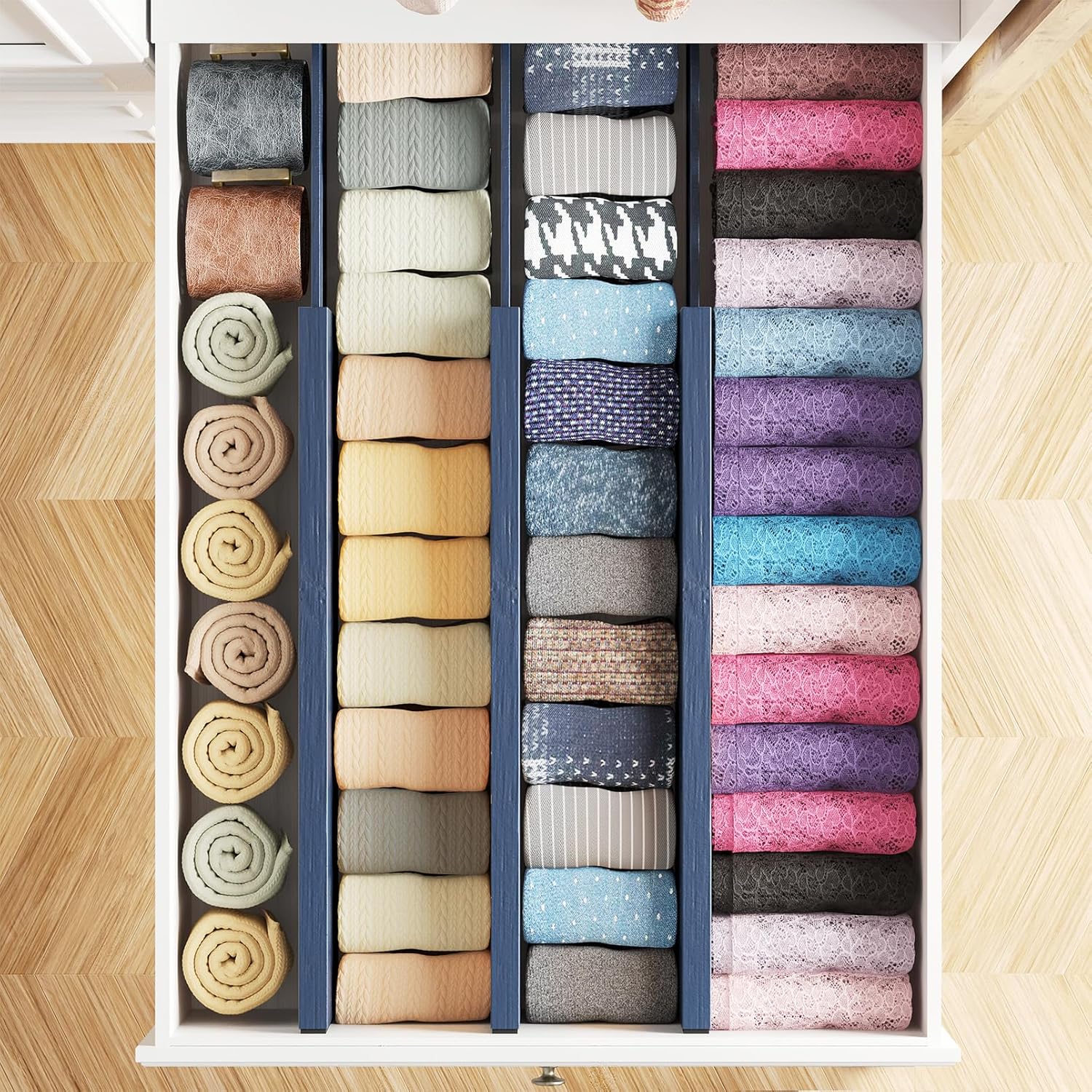 SpaceAid Bamboo Dresser Drawer Dividers 6 Pack, 4.65“ High Adjustable 17“-22” Drawer Organizers, Expandable Organization for Clothing, Clothes, Dressers, Navy Blue