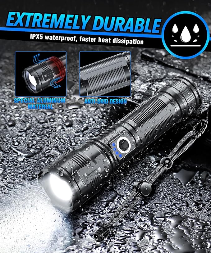 Flashlights High Lumens Rechargeable USB C Flash Light, Super Bright LED Flashlight with 10,000 Lumens, Long Beam 3280Ft, IPX5 Waterproof Tactical Flashlight Powerful for Emergency, Camping