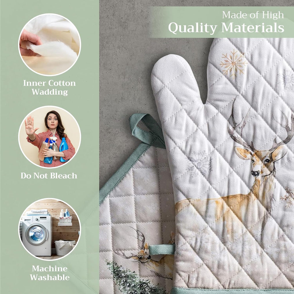 Maison d' Hermine 100% Cotton Oven Mitt & Pot Holder Set (7.5"x13" & 8"x8") Heat Resistant BBQ Cooking Gloves with Loop, Baking, Grilling, Kitchen, Handling Hot Pans (Deer in The Woods)