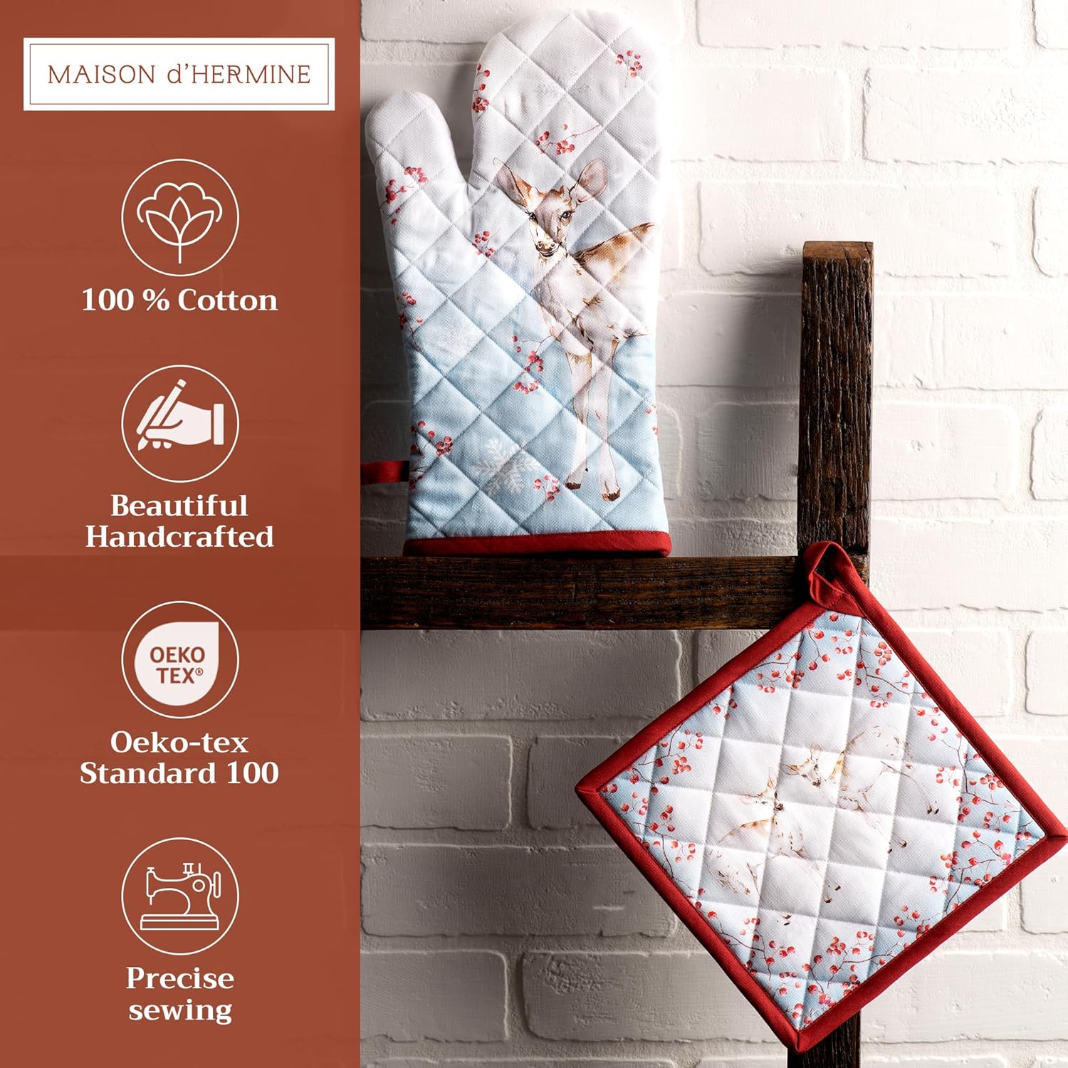 Maison d' Hermine 100% Cotton Oven Mitt & Pot Holder Set (7.5"x13" & 8"x8") Heat Resistant BBQ Cooking Gloves with Loop, Baking, Grilling, Kitchen, Handling Hot Pans (Fairytale Forest)