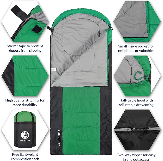 VENTURE 4TH Backpacking Sleeping Bag – XXL, Double and Single Sizes - Lightweight Warm & Cold Weather Sleeping Bags for Adults, Kids & Couples – Ideal for Hiking, Camping & Outdoor Adventures