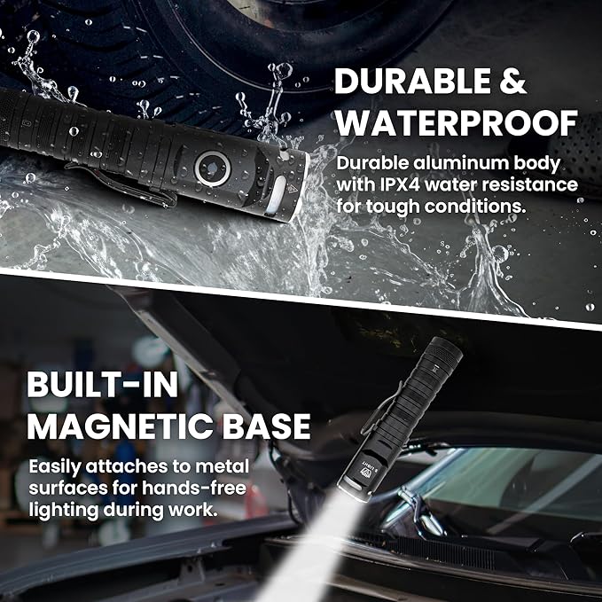 Rechargeable Tactical Flashlight, 1400LM Magnetic Base LED Light with Right Angle Head, Pocket Flashlight for Work, Camping & Emergency, High Lumens, Durable & Water-Resistant