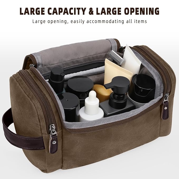 ZOMFELT Travel Toiletry Bag for Men, Travel Essentials Shaving Dopp Kit, Canvas Mens Toiletry Travel Bag, Water Resistant Cosmetic Bag for Toiletries Accessories, Brown