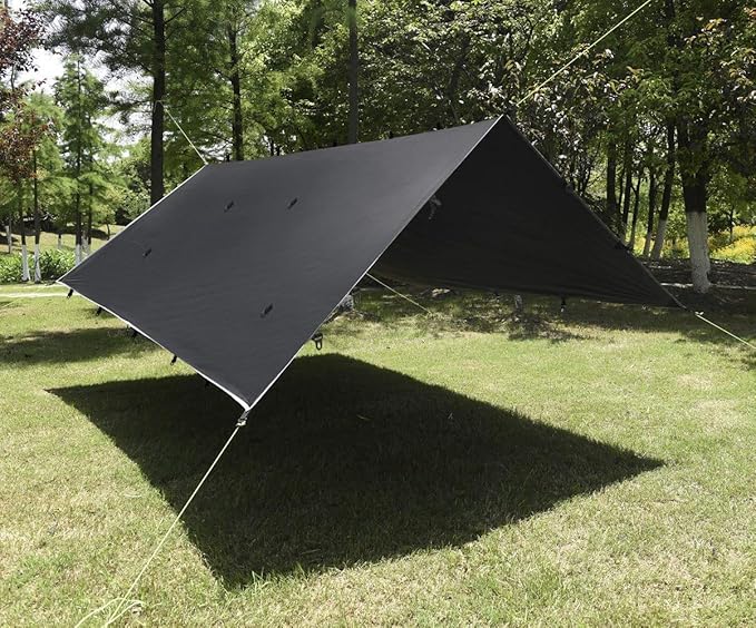 Gold Armour Rainfly Tarp Hammock, Premium 14.7ft/12ft/10ft/8ft Rain Fly Cover, Waterproof Ultralight Camping Shelter Canopy, Survival Equipment Gear Camping Tent Accessories (Black 10ft x 8ft)