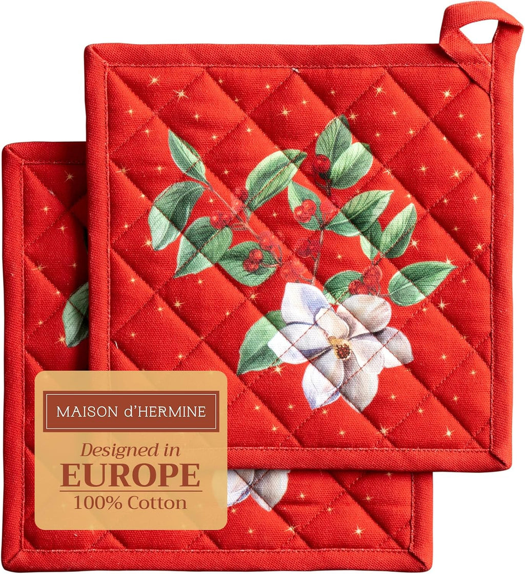 Maison d' Hermine Pot Holders Set 100% Cotton Heat Resistant Potholders 8" x 8" Hot Pads with Loop BBQ, Cooking, Baking, Grilling, Kitchen, Handling Hot Pans (Pack of 2, Noel)