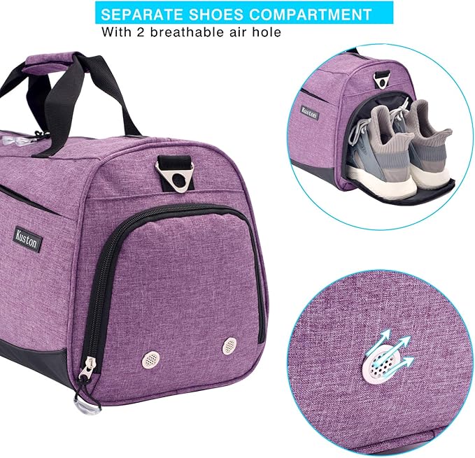 Kuston Sports Gym Bag with Shoes Compartment &Wet Pocket Gym Duffel Bag Overnight Bag for Men and Women-Purple