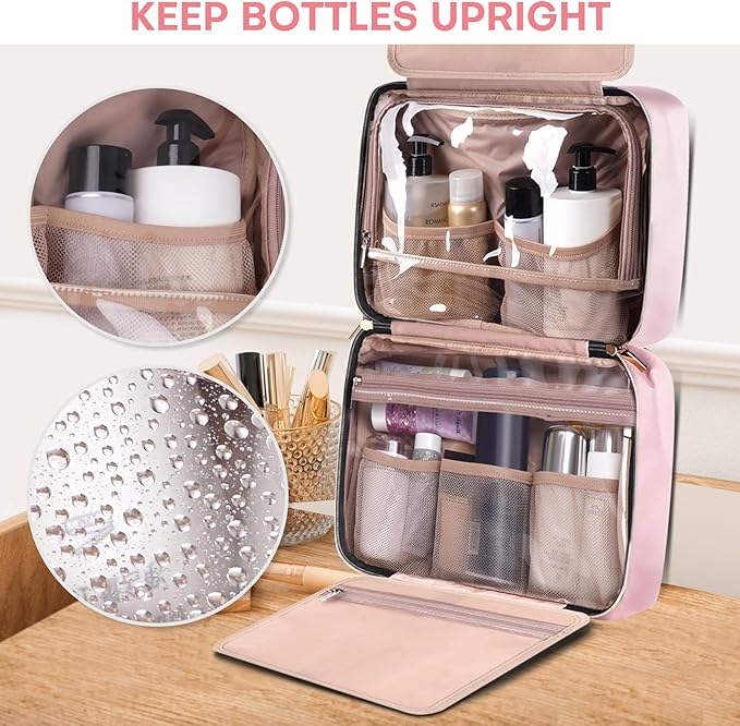 Travel Size Toiletry Bag for Women, Portable Cosmetic Bag with Hanging Hook, Travel Essentials Water-resistant Makeup Organizer for Accessories, Shampoo, Full-size Container, Toiletries