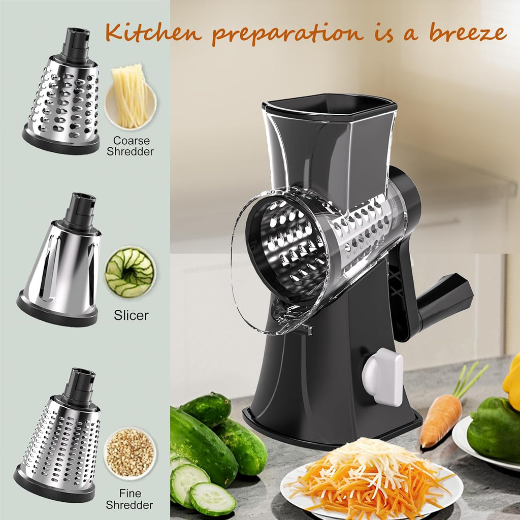 3-in-1 Rotary Cheese Grater Vegetable Slicer, 3 Interchangeable Blades Food Shredder with Anti-Slip Reinforced Suction Base, Kitchen Mandoline Chopper (Black)