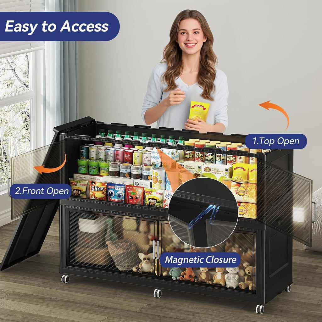 200GAL Extra Large Storage Bins with Lid, 800QT Plastic Stackable Storage Bins with 6x Wheels, Collapsible Closet Organizer and Storage Drawer Cabinet for Living Room Office Dorm, 4Pack Black