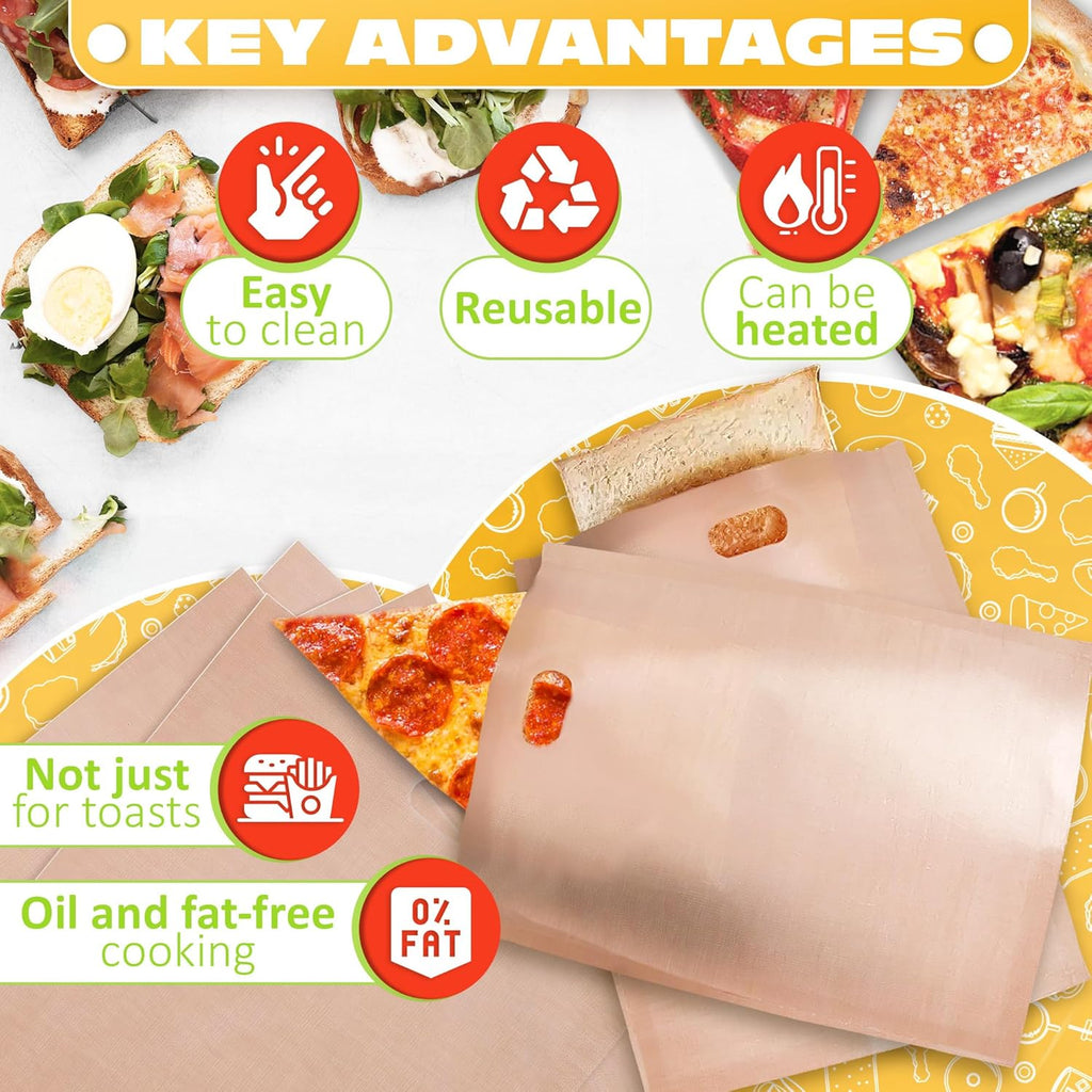 12Pcs Non-Stick Toaster Bags Reusable – 6.7"x7.5" Grilled Cheese Bags, Heat-Resistant & Easy to Clean | Mess-Free Toasting, Sandwiches, Panini & More | Compatible with Toaster, Oven, Microwave & Grill