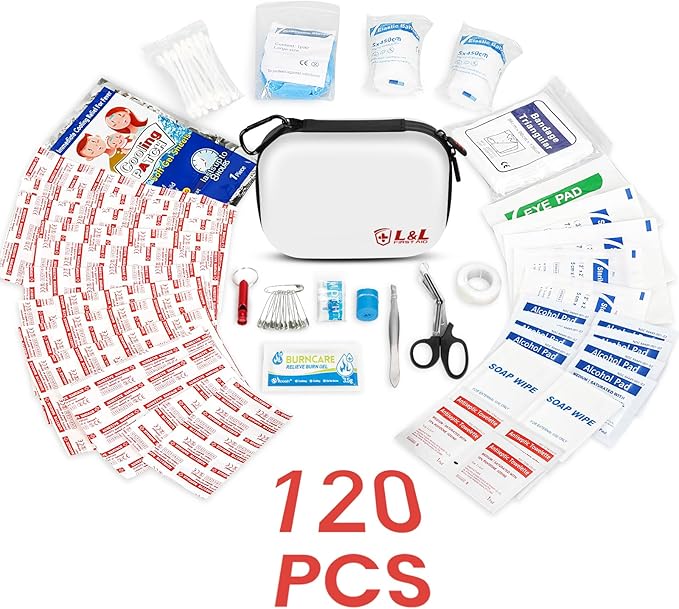 120-Piece First Aid Kit for Travel,Car & Emergency Survival - Compact Waterproof Medical Supplies with Trauma Bandages,Burn Gel & Fever Cooling Patch | Portable for Camping,Hiking,Sports(White)