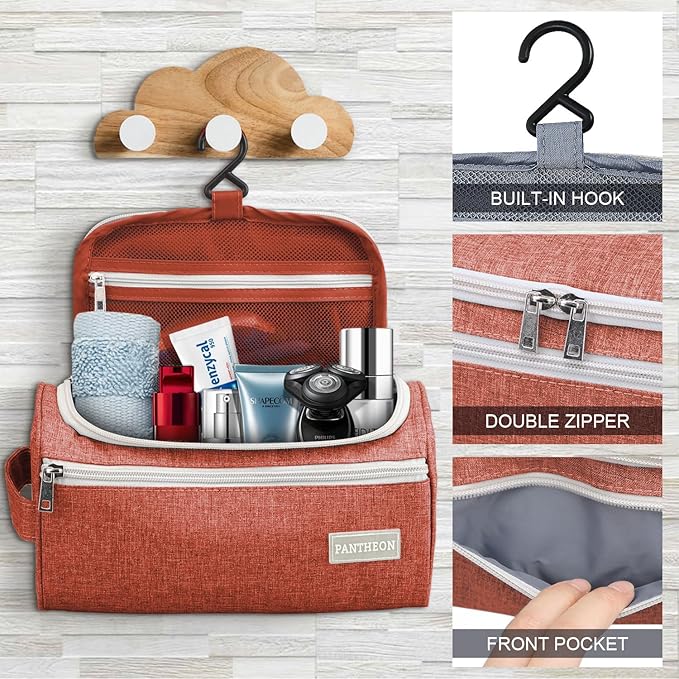 Pantheon Men's Toiletry Bag - Travel Toiletry Bag Wash Bag Hanging Dopp Kit Shaving Kit for Bathroom Shower - Mens Travel Bag Hanging Toiletry Organizer Toiletry Kit for Traveling (Brick Red)