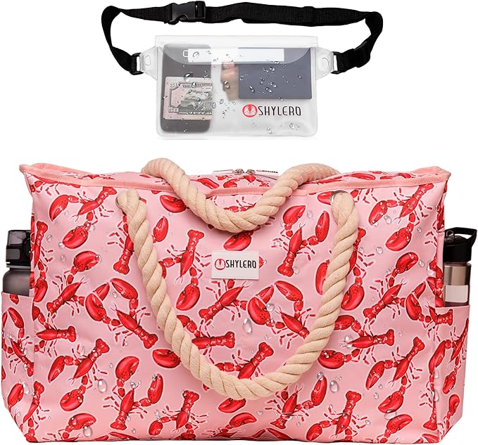 SHYLERO Beach Bag and Pool Bag. Has Airtight Pouch, Ton of Pockets. Beach Tote is Zippered, Water Resistant. Family Size