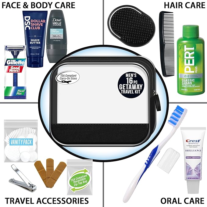 Convenience Kits International Men’s Super Deluxe, 16-Piece Kit with Travel Size TSA Compliant Essentials in Reusable Zippered Toiletry Bag