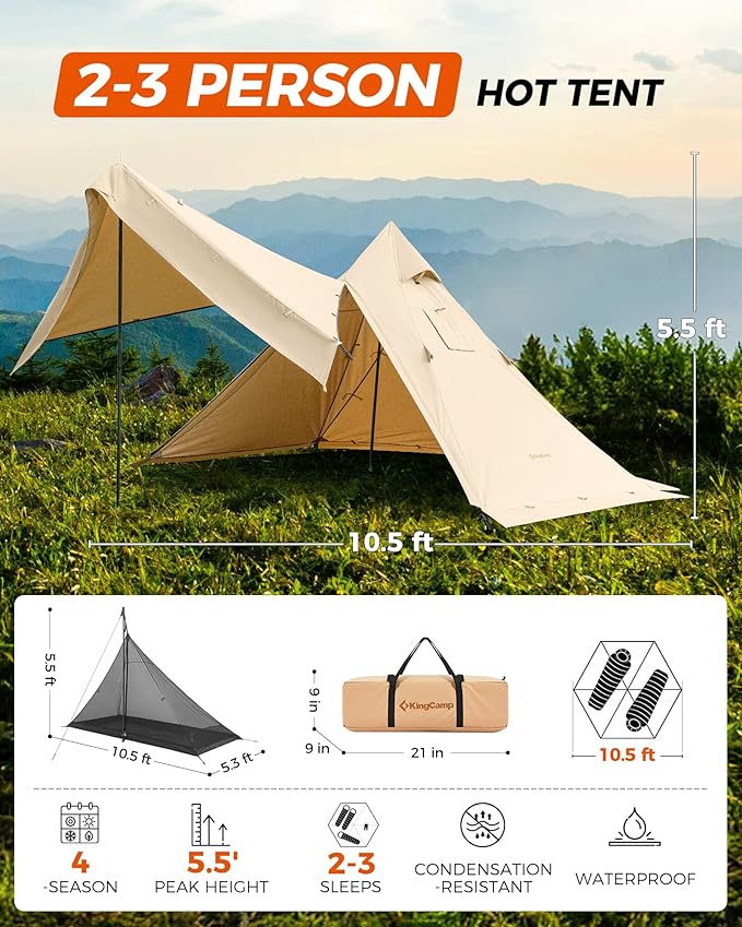 KingCamp Hot Tent, Lightweight Waterproof & Windproof Tipi Hot Tents with Stove Jack for Outdoor Camping