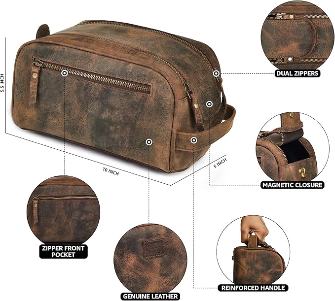LEATHER VILLAGE Premium Leather Toiletry Travel Pouch With Waterproof Lining - Brown | King-Size Handcrafted Vintage Dopp Kit Bag