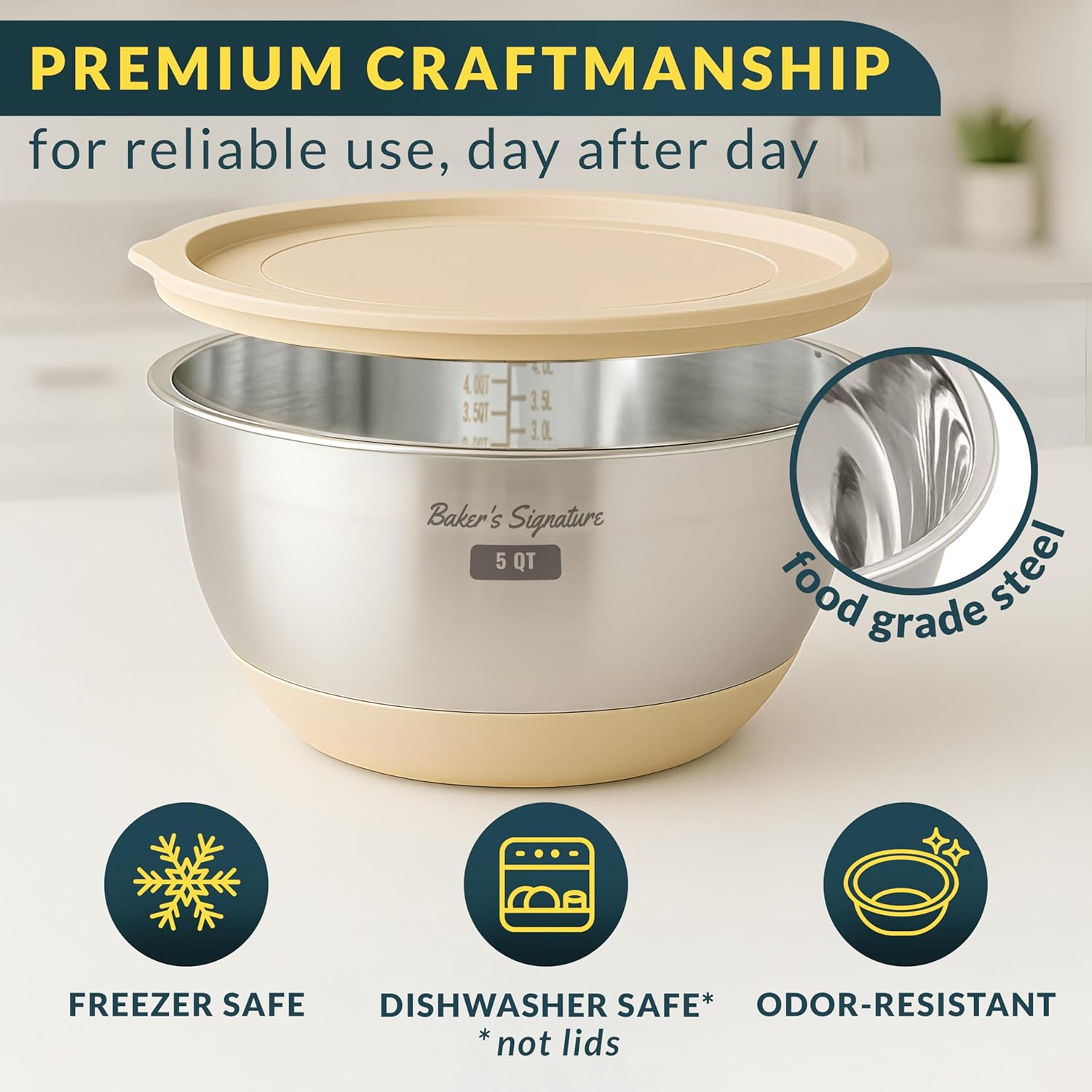 Stainless Steel Mixing Bowls with Lids Set, 5 Sizes, 3 Graters, Non-Slip Base, Airtight Lids, Metal Mixing Bowls for Kitchen, Food Prep, Storage, 0.63QT-5QT, Khaki