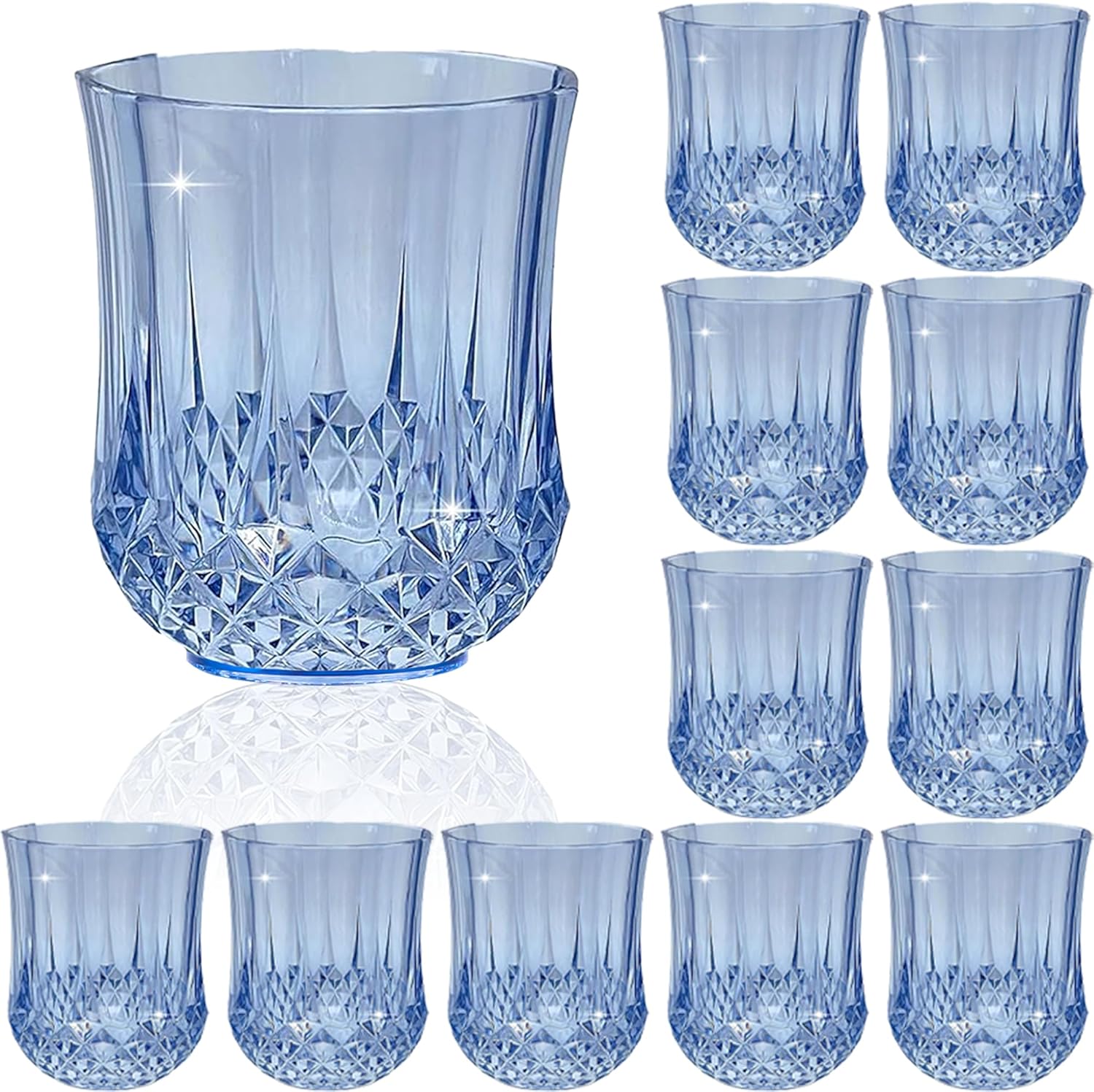 12 PCS Blue Stemless Wine Glasses，Plastic Reusable Cups 9OZ Vintage Drinking Glasses Tumblers for Whisky, Beer, Juice, Beverages, Cocktai