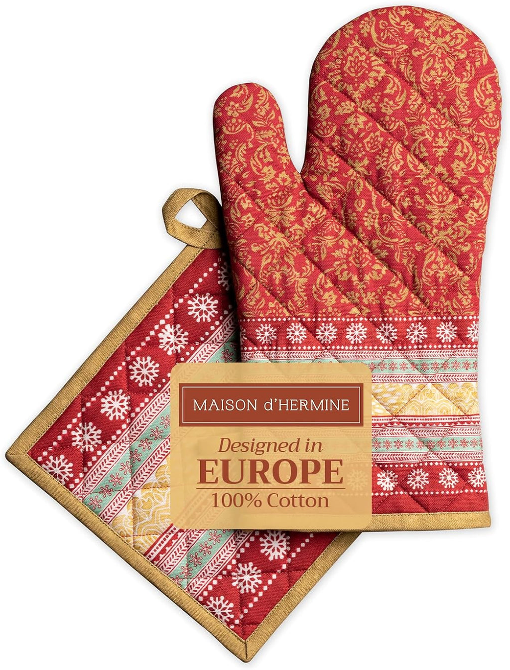 Maison d' Hermine 100% Cotton Oven Mitt & Pot Holder Set (7.5"x13" & 8"x8") Heat Resistant BBQ Cooking Gloves with Loop, Baking, Grilling, Kitchen, Handling Hot Pans (Sofia)