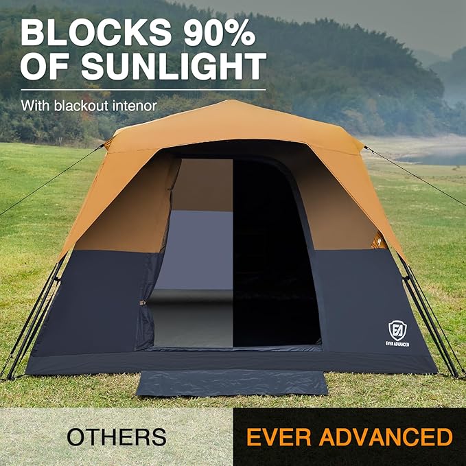 EVER ADVANCED 6 Person Blackout Camping Tent Instant Cabin Tents for Family with Rainfly, 60s Easy Setup, Water-Resistant