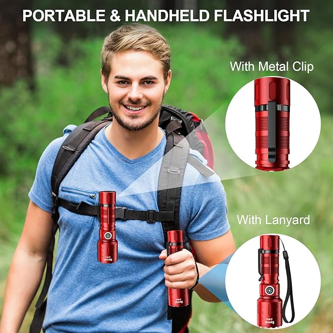 Flashlights High Lumens Rechargeable, 20,000 Lumens Super Bright 1500 Meters Long Range Small Powerful Flashlight, 6 Modes LED Tactical Pocket Waterproof Flash Light for Home Emergency (2, Red)