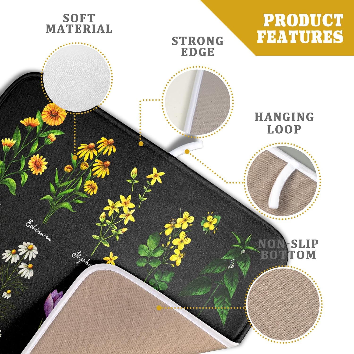 Black Flower Herbs Dish Drying Mat 16x18 Inch Botanical Floral Microfiber Drying Mats with Hanging Loop Foldable Absorbent Dish Drainer Rack Pad