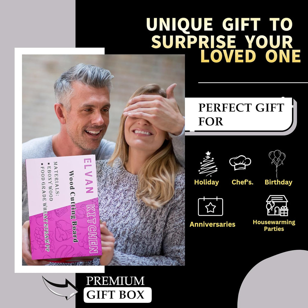 Large 2-Sided Cutting Board for Kitchen Meal Prep & Serving – Organic Wooden & Wheat Straw Chopping Board with Juice Groove, Handle | Dishwasher Safe Steak & Cheese Board | Ideal Gift for Couples