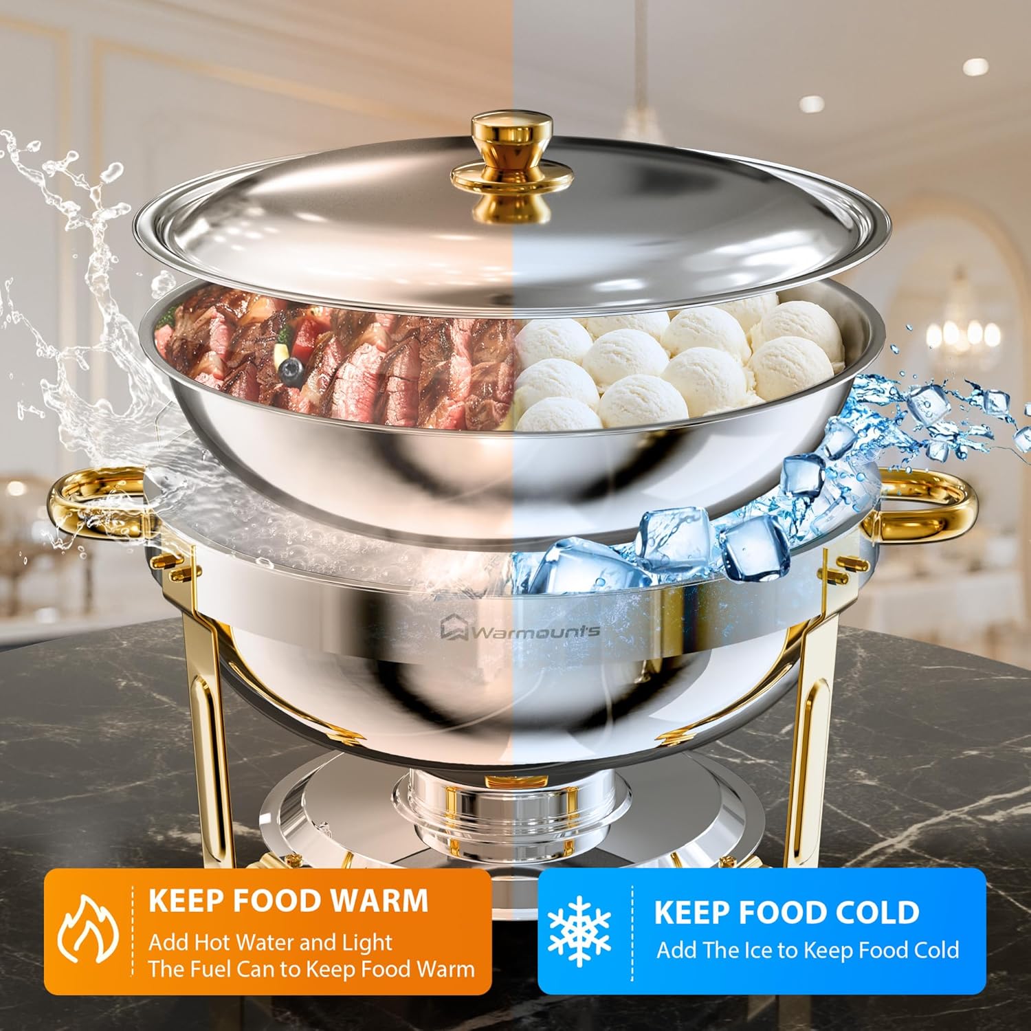 Gold Chafing Dishes for Buffet (5QT, 2 Pack), Round Chafers and Buffet Warmers Sets, Food Grade Stainless Steel Chafing Dish Set, Rolled Edge Design, for Catering Events, Parties, Weddings