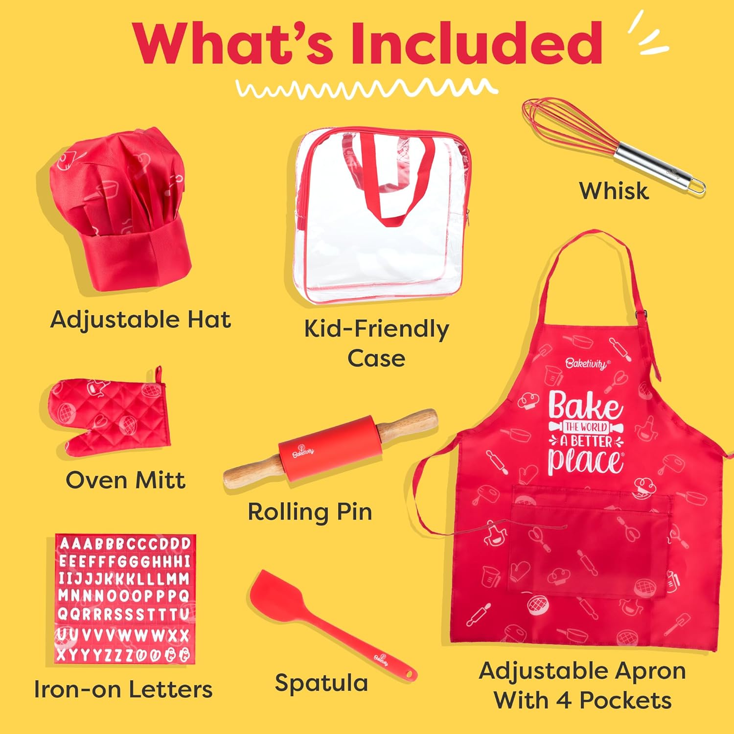 Baketivity Kids Chef Hat and Apron Set for Boys & Girls - One Size Fits All (Adjustable) - Premium, Washable Apron and Hat Set for Cooking - Young Chefs & Junior Bakers Chef Outfit for Kids