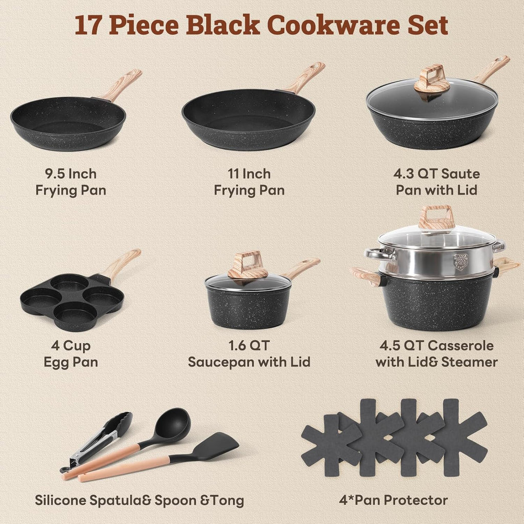 17 Pcs Pots and Pans Set Non Stick Kitchen Cookware Sets Nonstick Induction Cookware Non-toxic Black Granite Cooking Tools with Stay-Cool Handles, Pot Protectors (PFOS/PFOA Free)