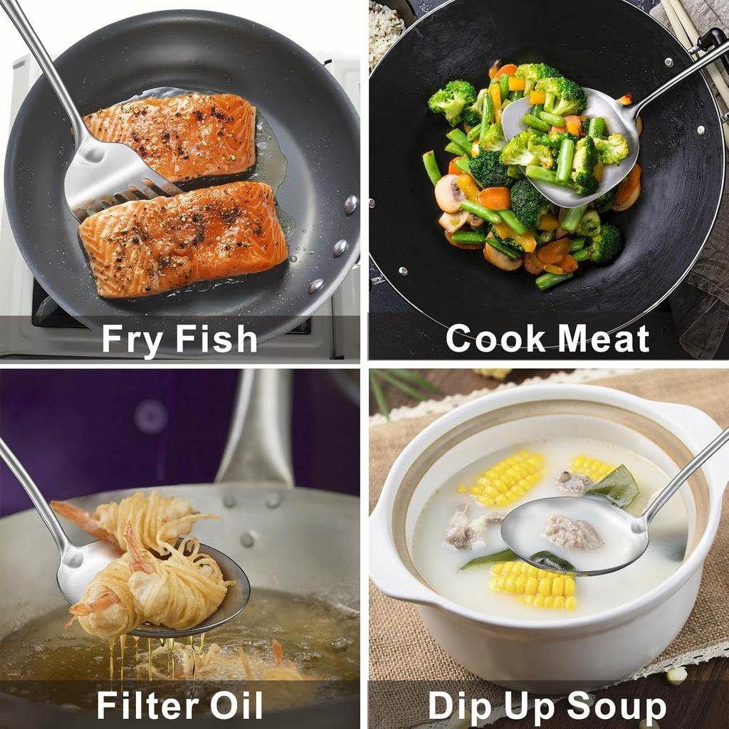 Wok Utensils Tools for Carbon Steel, Stainless Steel Wok Spatula Set, 4-Pieces 17inch Extra Long, Metal Heat Resistant Handle, Skimmer, Soup Ladle, Slotted Turner, Ideal for Gift