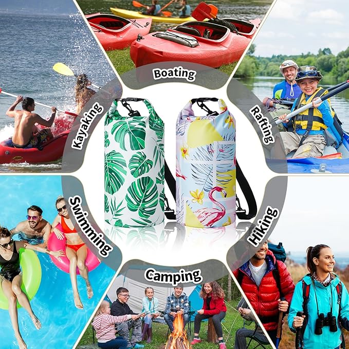 2 Pcs Waterproof Floating Dry Bag 10l Floating Dry Sack for Man Women Roll Top Waterproof Backpack for Rafting Boating Swimming Kayaking Hiking(Palm and Flamingos)