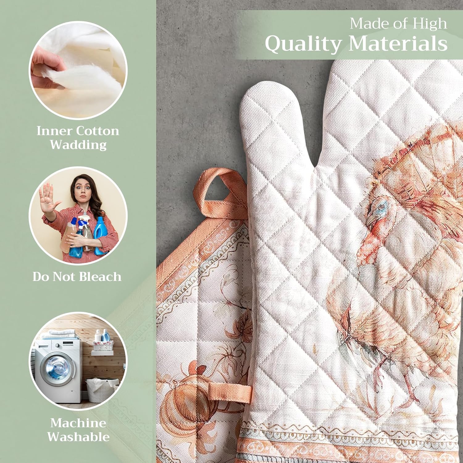 Maison d' Hermine 100% Cotton Oven Mitt & Pot Holder Set (7.5"x13" & 8"x8") Heat Resistant BBQ Cooking Gloves with Loop, Baking, Grilling, Kitchen, Handling Hot Pans (Giving Thanks)