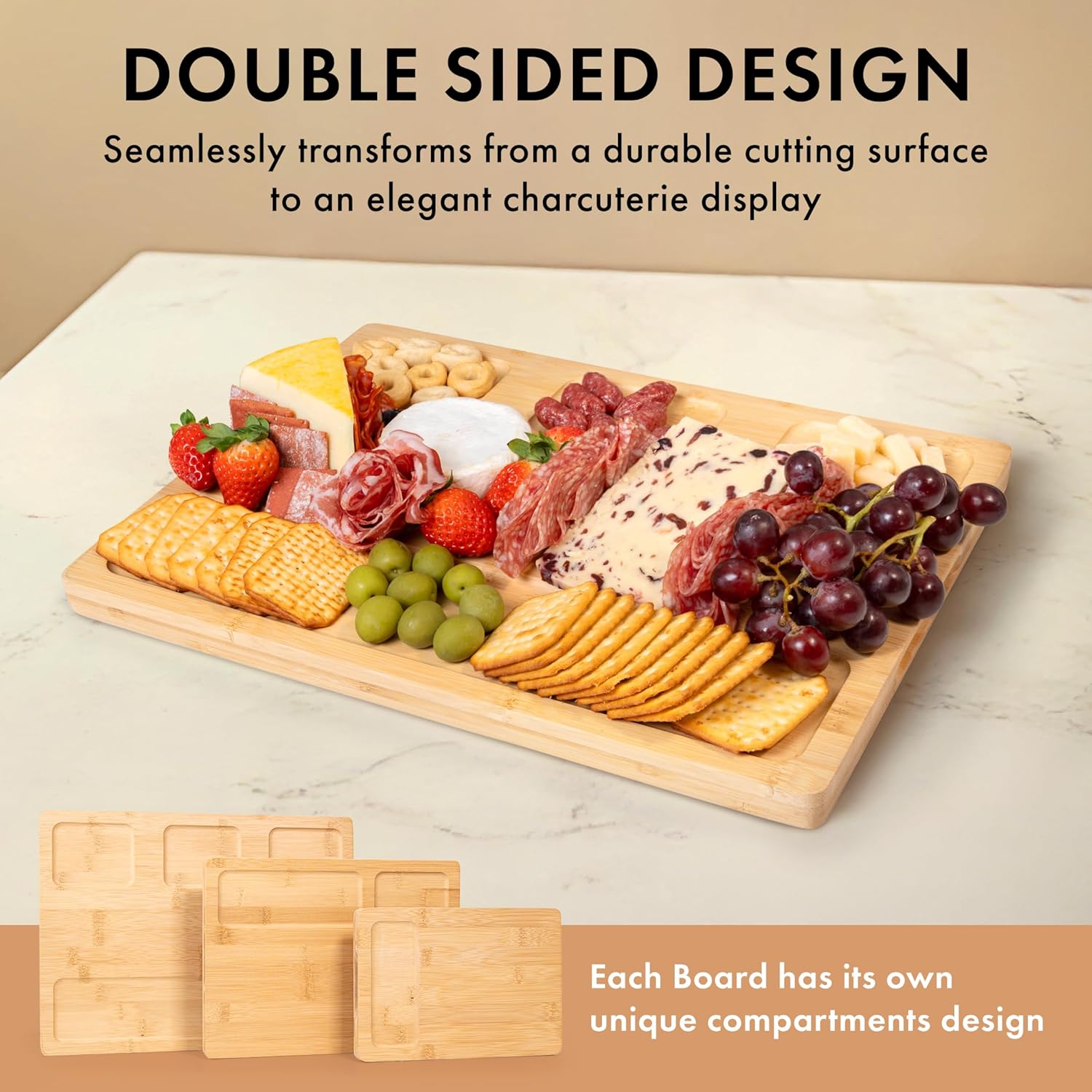 Bamboo Wooden Cutting Boards for Kitchen, Cutting Board Set of 3, Chopping Boards with Juice Groove for Meat, Cheese & Vegetables - Durable, Double sided wood cutting board with serving Compartments