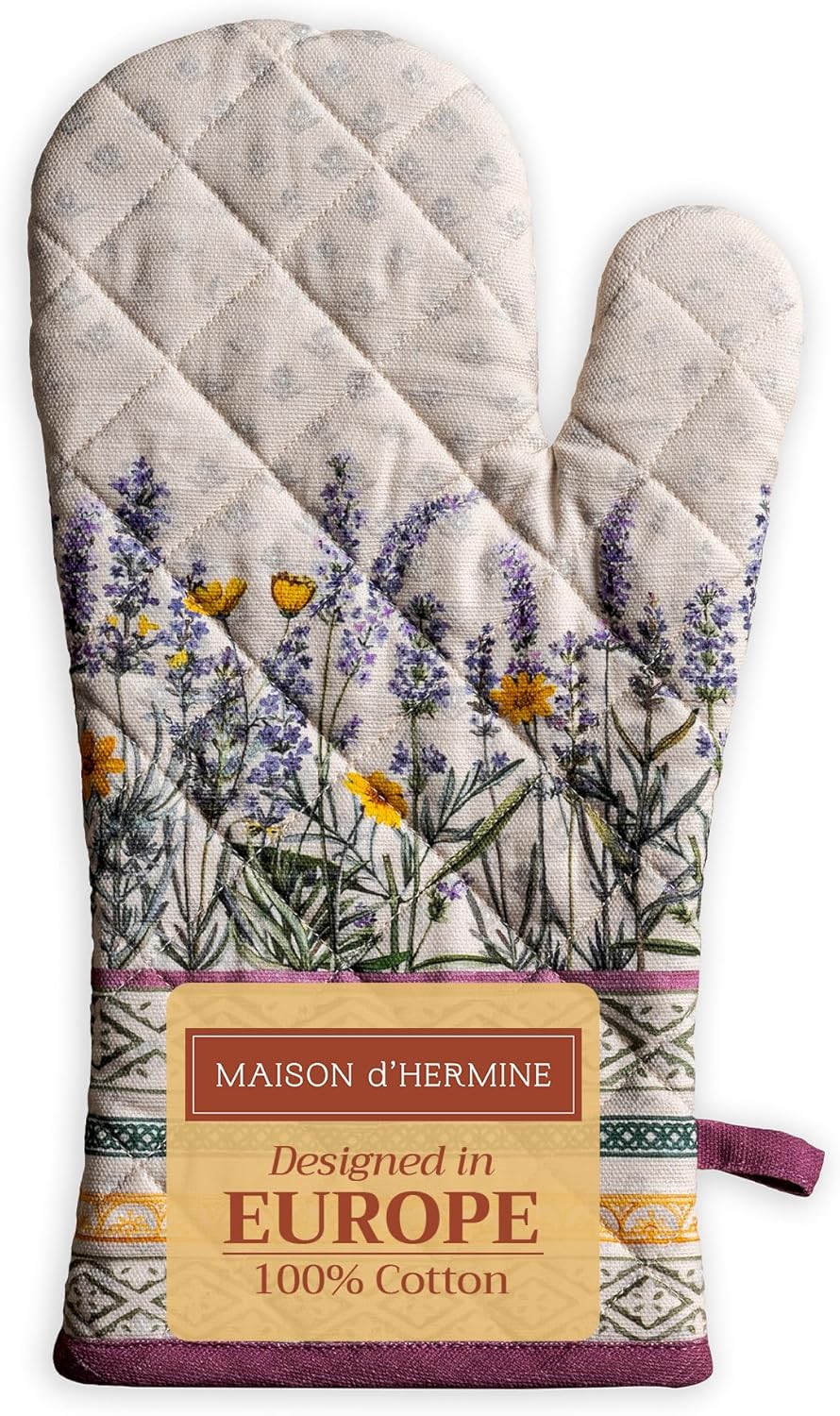 Maison d' Hermine Oven Gloves 100% Cotton Oven Mitt 7" x 13" with Loop Heat Resistant, BBQ, Cooking Gloves, Baking, Grilling, Kitchen, Handling Hot Pans Spring/Summer (Pack of 1, Fanny Lavender)