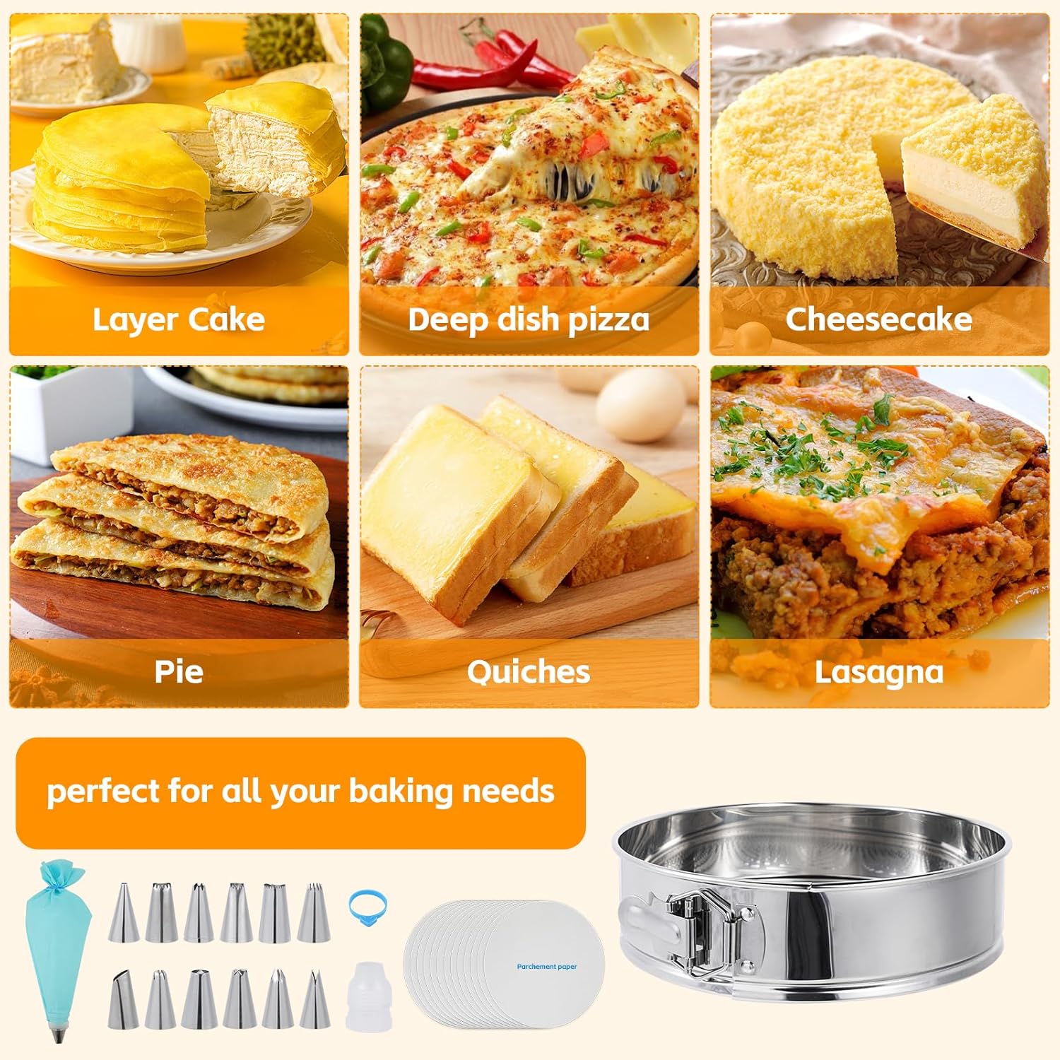 Aufind Springform Pan Set for Baking (7,9,10inches), 304 Stainless Steel Springform Cake Pan with Removable Bottom, Cheesecake Pan with 50PCS Parchment Paper for Pie Cake Pizza and Quiches