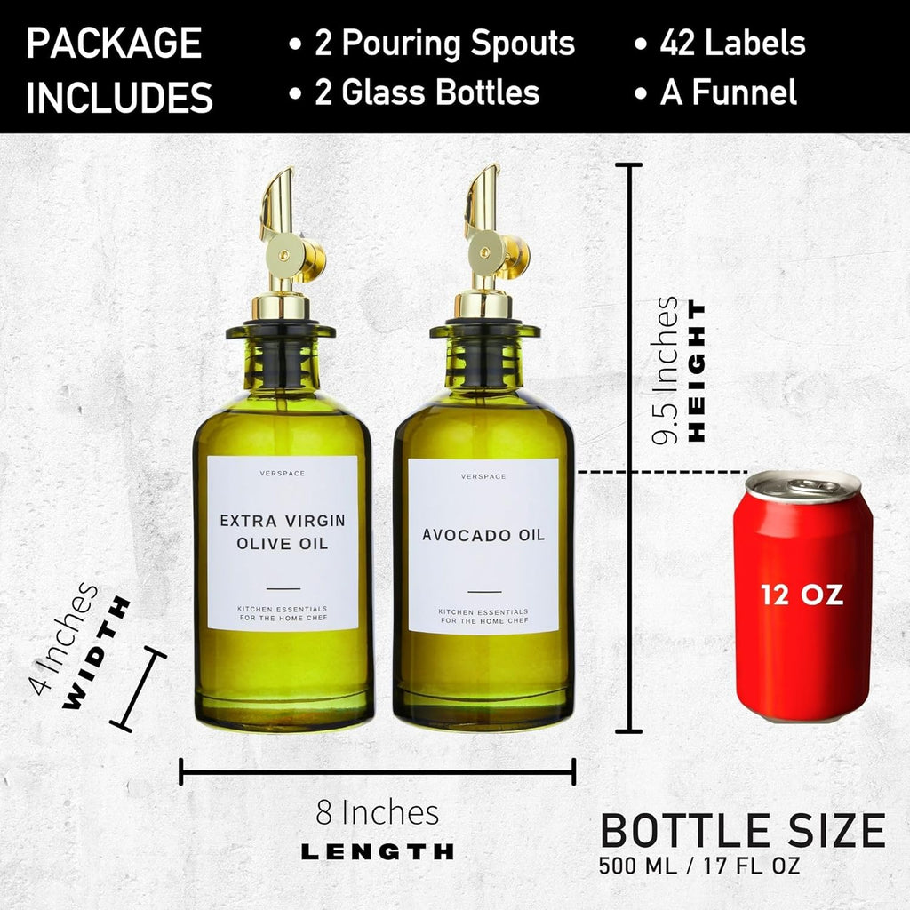 Green Glass Olive Oil Dispenser Bottle For Kitchen By Verpsace,Avocado Oil Dispenser Set, Modern Decor, Gold Kitchen Accessories for Home, Airbnb, Cafe (Gold, Set of 2)