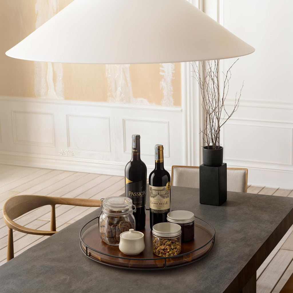 18" Acacia Wood Lazy Susan Turntable with Metal Frame - Large Brown Lazy Susans Organizer Countertop Storage - Wooden Serving Tray for Charcuterie Cheese Board - Kitchen Counter Rotating