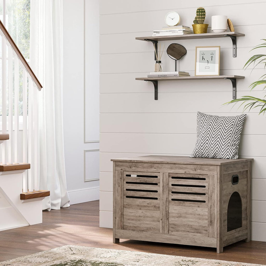 DINZI LVJ Long Wall Shelves, 31.5 Inch Wall Mounted Shelves Set of 2, Easy-to-Install, Wall Storage Ledges with Sturdy Metal Brackets for Living Room, Bathroom, Bedroom, Kitchen, Greige