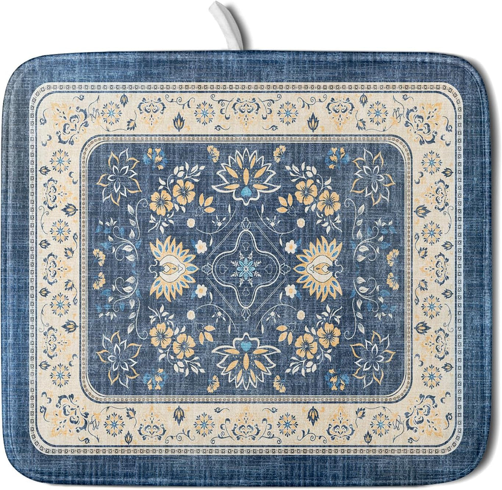 Blue Boho Dish Drying Mat for Kitchen Counter 16x18 Inch Fast Dry Drying Pad Vintage Floral Dish Drainer Rack Mats Coffee Bar Accessories