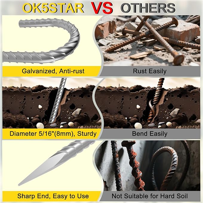 Rebar Stakes 12 inch, 5/16" Diameter Heavy Duty J Hook Stakes 12 Pack, Galvanized Anti-Rust Ground Anchor Long Tent Stakes for Dog Fence Trompoline Swing Set