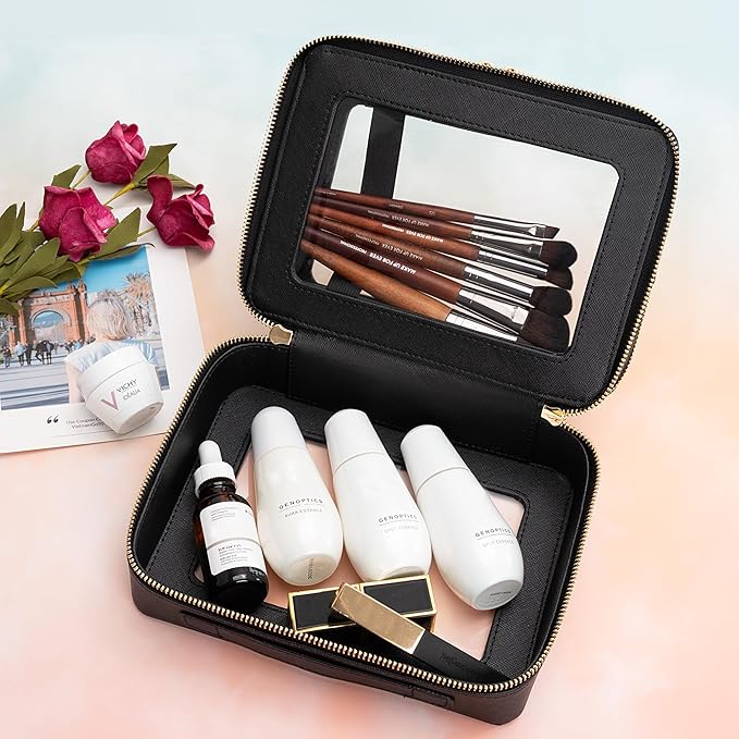 Aveniee Clear Makeup Bags, Double Layer Cosmetic Bags with Separate Brush Compartment, Large Travel Toiletry Bag Cosmetic Case, Travel Accessories Organizer for Women(2 Layers, Black)