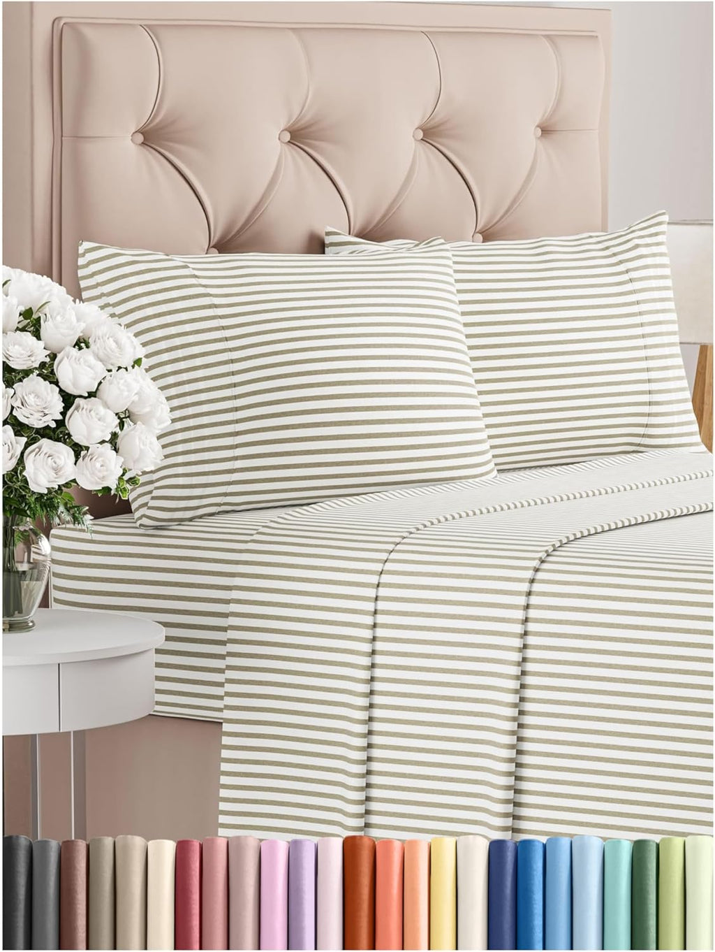 Full Size 4 Piece Sheet Set - Comfy Breathable & Cooling Bed Sheets Set - Hotel Luxury Bedding for Women, Men, Kids, Teens, Boys & Girls - Deep Pockets, Soft, Wrinkle Free - Oeko-Tex - Beige Stripes 2