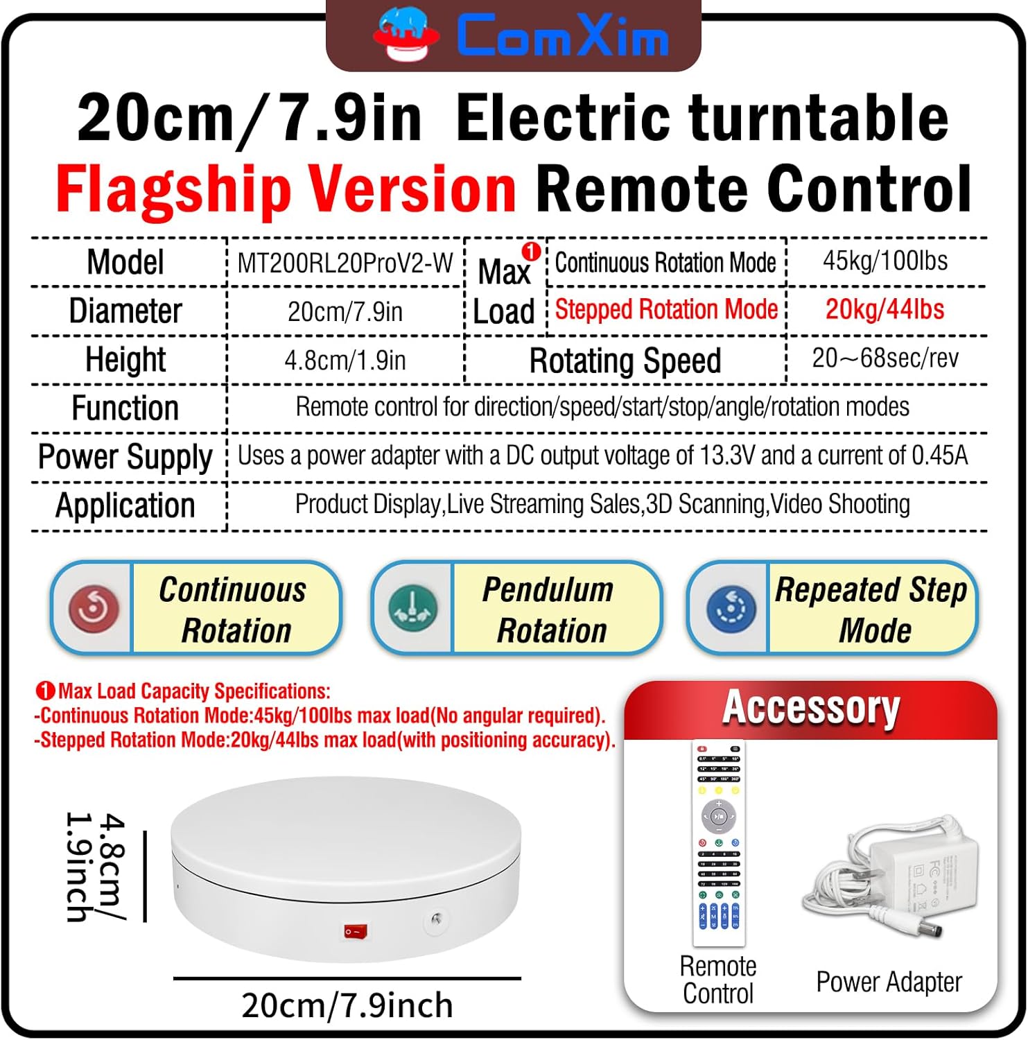 7.9In Remote Motorized Electric Turntable Rotating Display Stand Spinning Rotating Platform 360 Photography Turntable lazy susan base giratoria para for Photography,Display(Load Range:40~100lbs)
