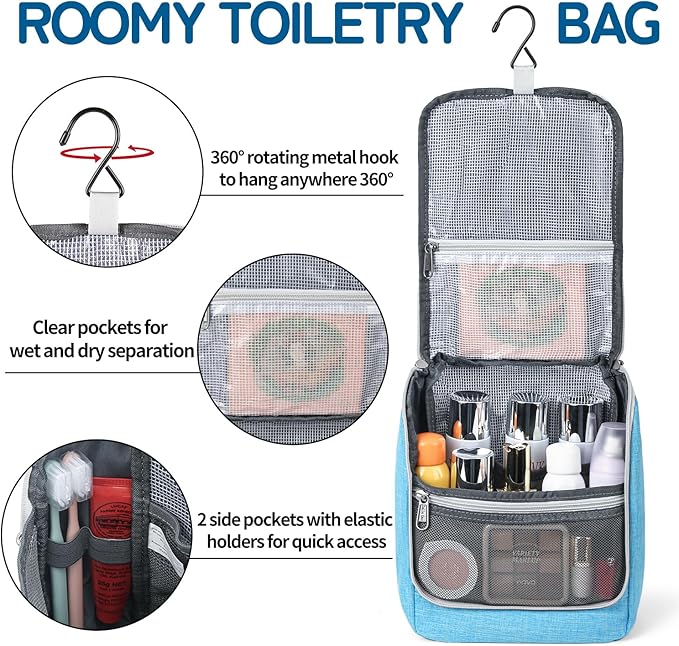 Della Gao Hanging Toiletry Bag for Men & Women, Portable Travel Cosmetic Makeup Bag Toiletries Organizer Kit, Water Resistant Bathroom Bag, Blue