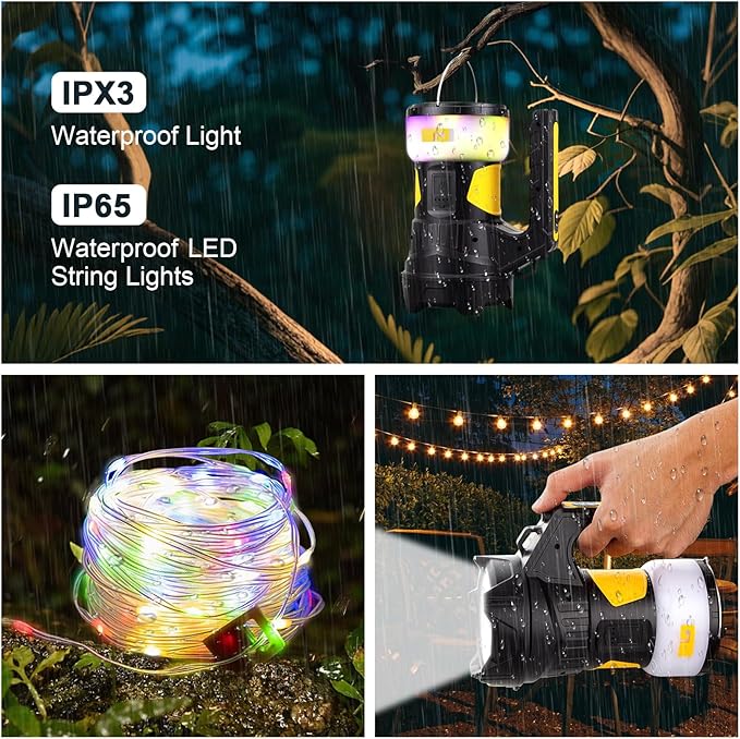 Waterproof 49ft LED Decorative String Light with Storage Box & 5H Runtime, Super Bright Flashlight (20H Spotlight) for Outdoor Patio, Camping, Garden Party Decoration