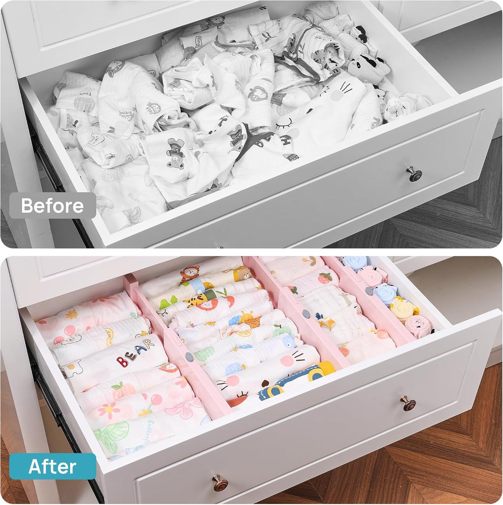 Vtopmart 8 Pack Drawer Dividers for Clothes, 4" High 11.6"-17" Adjustable Expandable Dresser Drawer Organizer, Plastic Separators for Dresser, Baby Clothes, Underwear, Kitchen & Office Storage, Pink