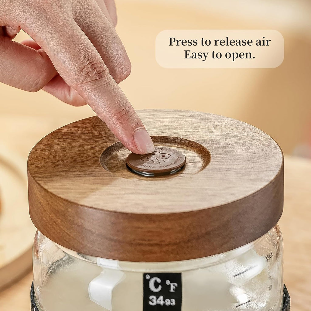 Sourdough Starter Jar 2Pack，Wood Sealed Lid with Automatic Exhaust,35OZ with Ounce Scale Line,Date Marked Feeding Band, Thermometer, Sourdough Jar Scraper,Wide Mouth for Sourdough Bread Baking